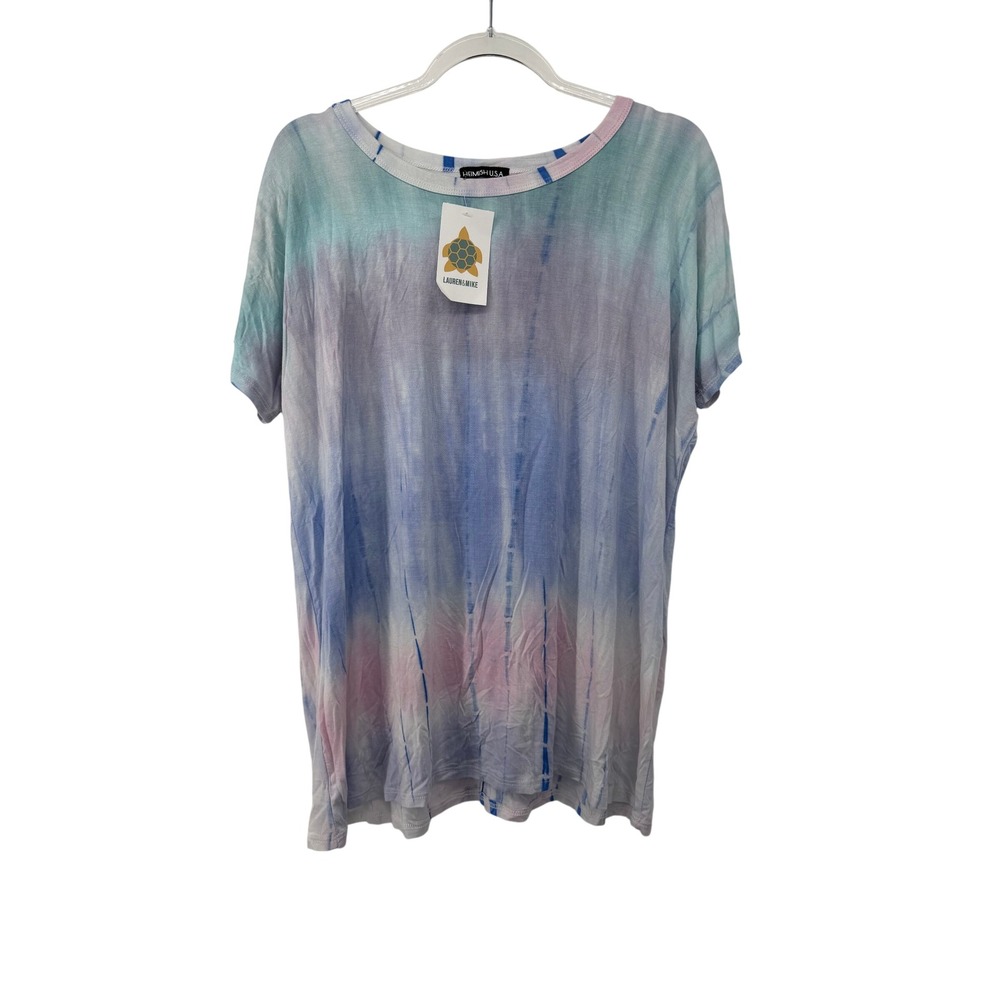 Heimish USA Womens Tie Dye Stretchy Tee Pastel Blue Pink Purple Large NEW